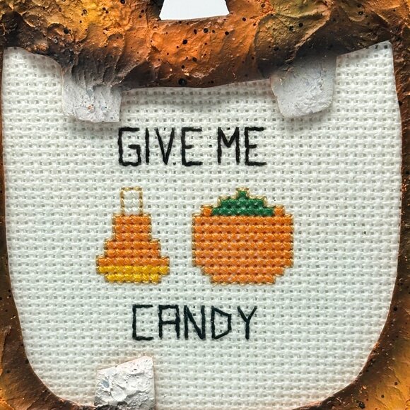 Rustic Halloween Metal Picture Frame Jack O Lantern Pumpkin Cross Stitch Candy - Picture 5 of 9